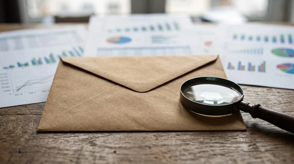 A generic official envelope and magnifying glass on a desk.