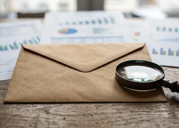 A generic official envelope and magnifying glass on a desk.
