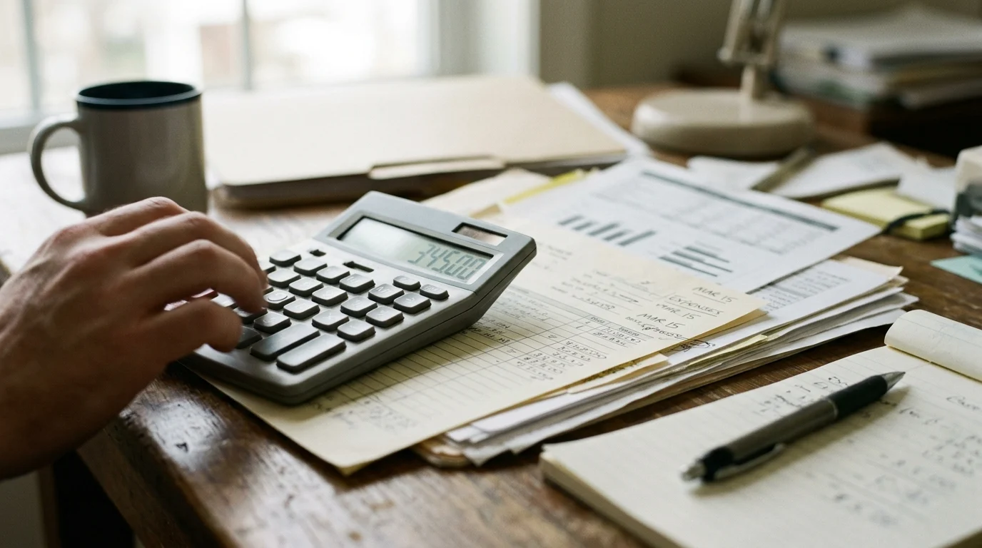 A calculator and paperwork on a desk representing tax and business expenses.