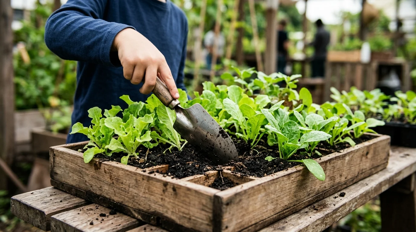 Green seedlings in a wooden tray with a garden trowel.