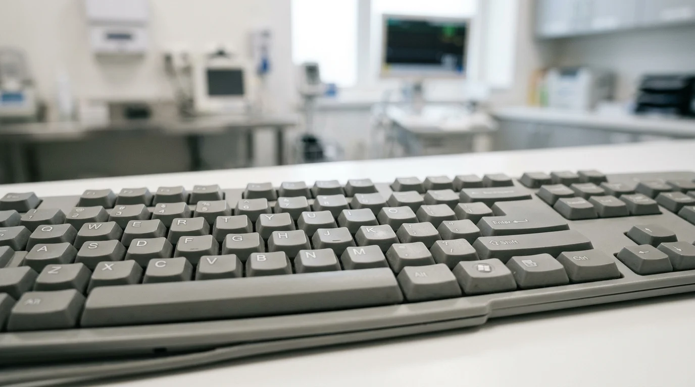 A close-up of a computer keyboard in a hospital setting.