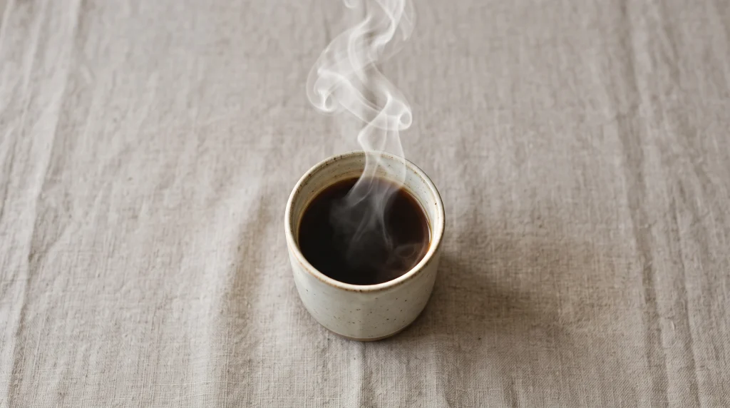 A steaming hot drink in a plain ceramic mug