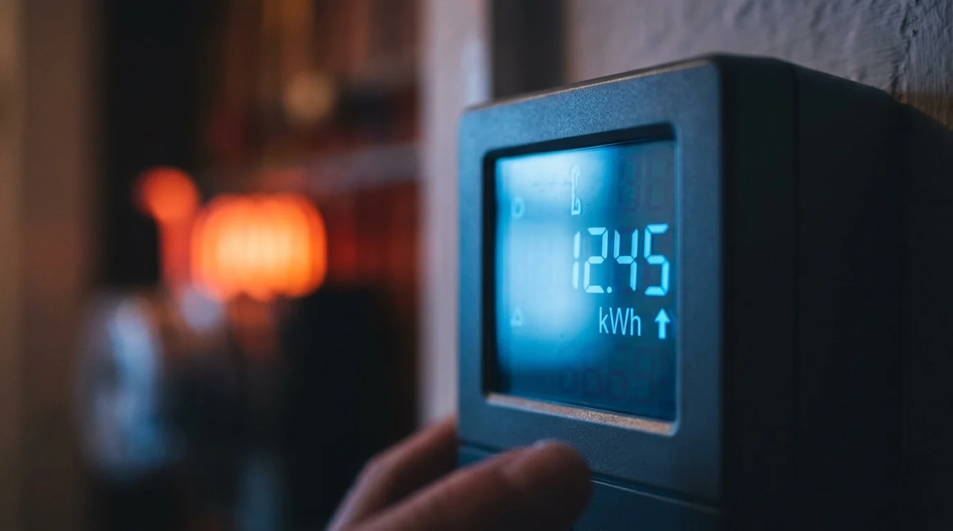 A domestic energy meter in soft focus reflecting winter light.
