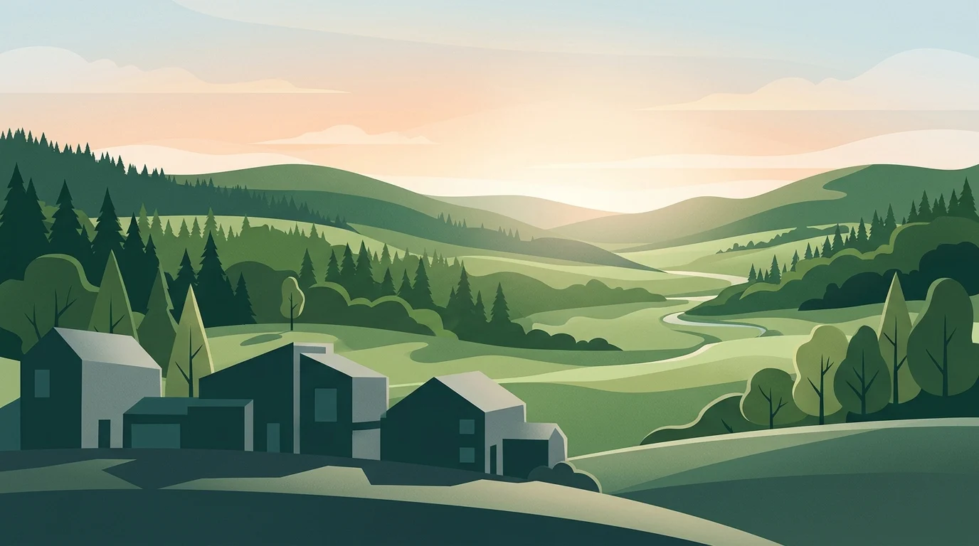 Stylised housing development near a green landscape.