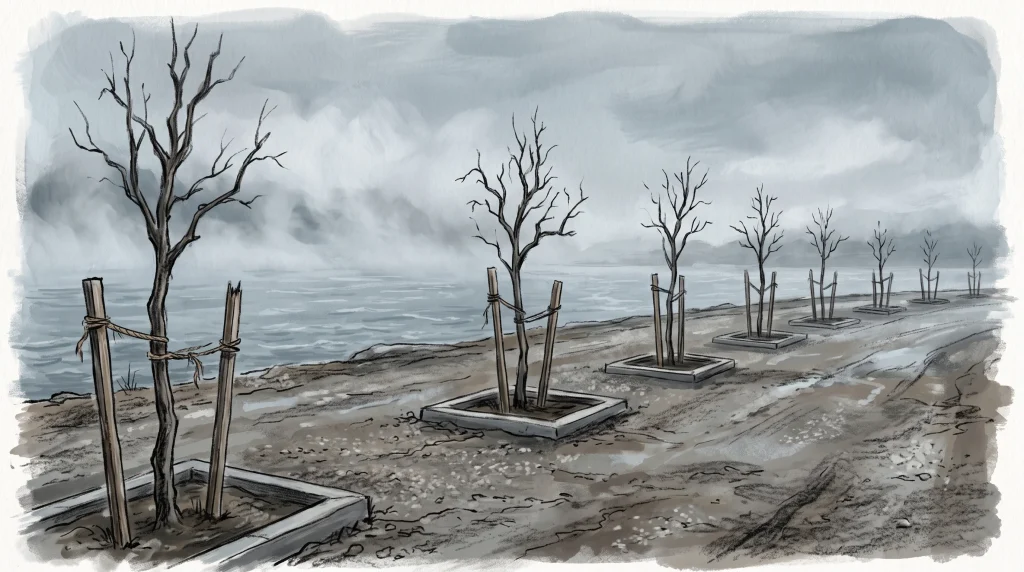 A conceptual illustration of dead trees on a coastal site.