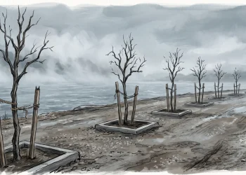 A conceptual illustration of dead trees on a coastal site.