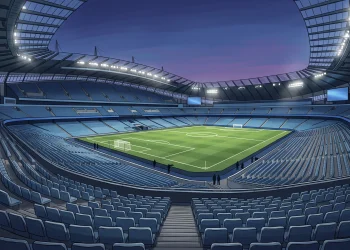 A modern football stadium under floodlights at dusk.