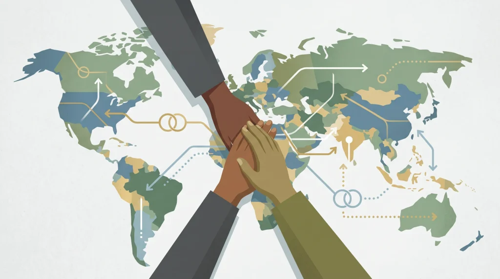 Conceptual image of a humanitarian handshake over a map.