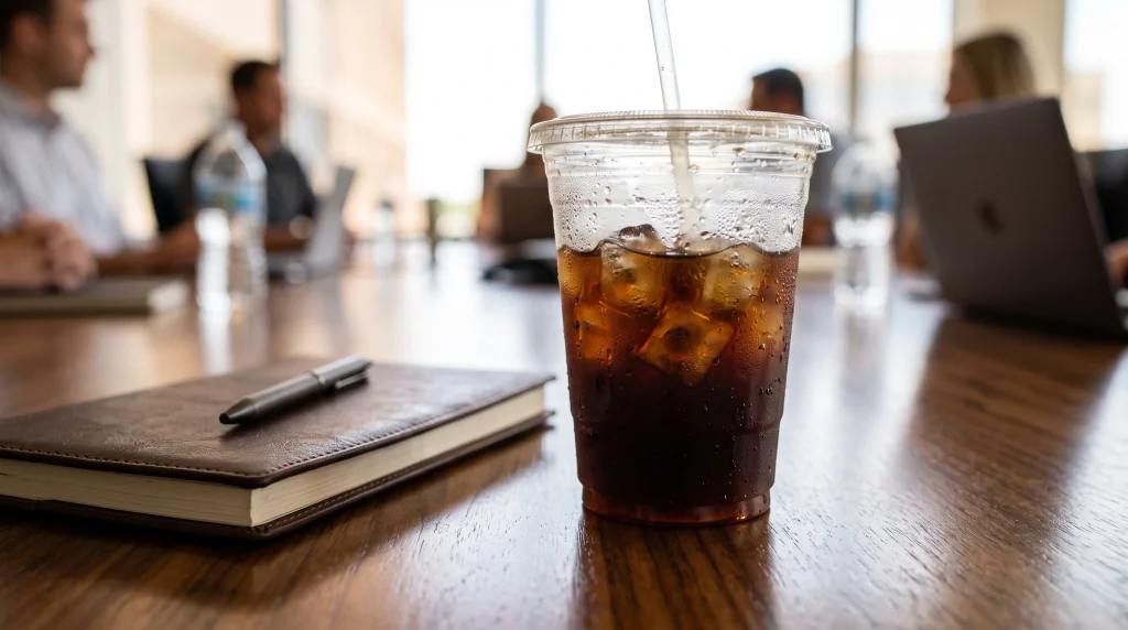 An iced coffee cup sitting on a conference room table next to a notebook.