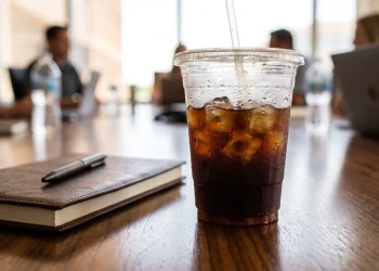 An iced coffee cup sitting on a conference room table next to a notebook.
