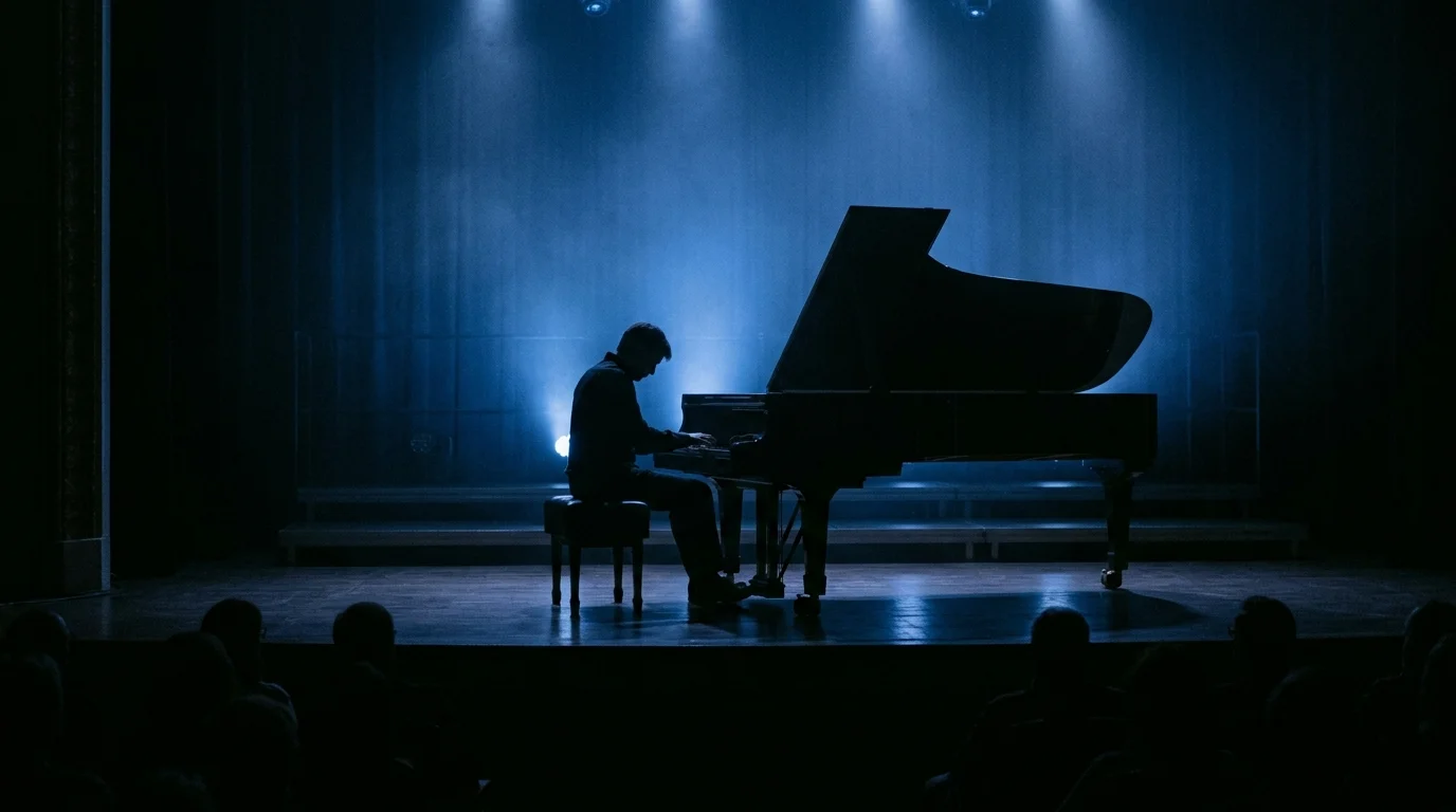 Silhouette of a pianist on a blue-lit stage.