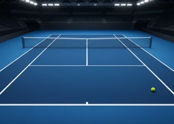 A tennis ball resting on a blue indoor hard court