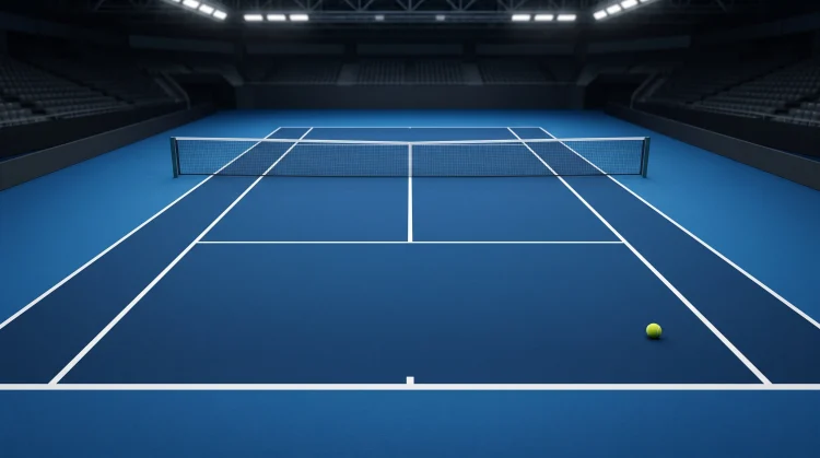 A tennis ball resting on a blue indoor hard court