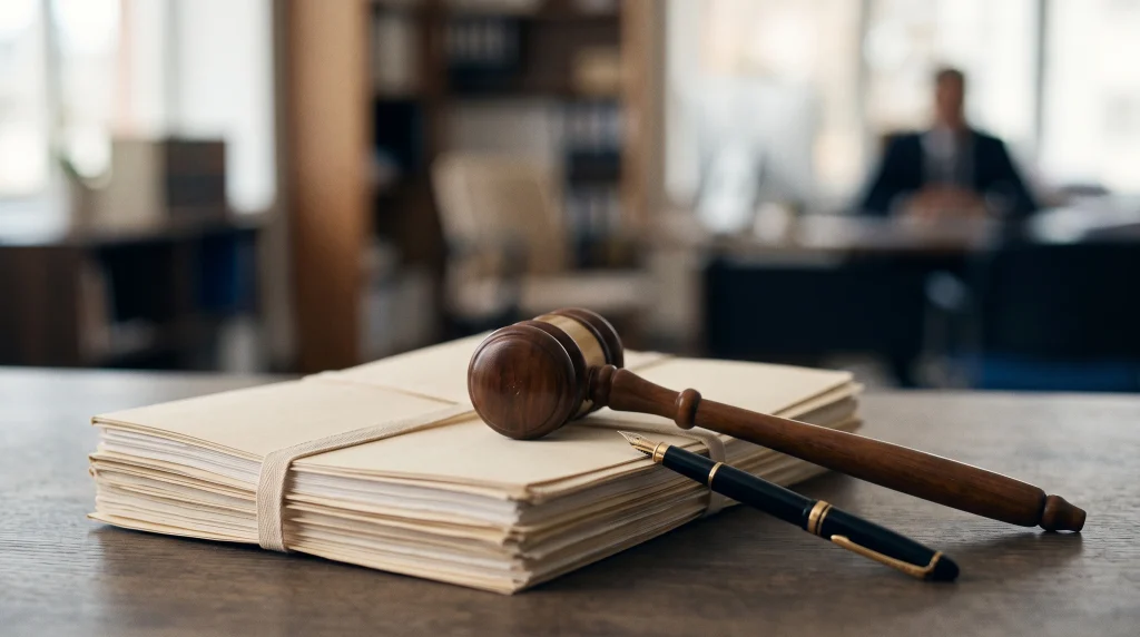A wooden gavel and fountain pen on top of legal paperwork representing a pause in legal proceedings.