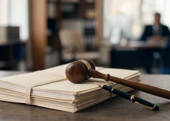 A wooden gavel and fountain pen on top of legal paperwork representing a pause in legal proceedings.