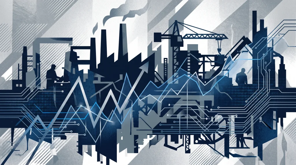 Conceptual illustration of industrial manufacturing and financial data.