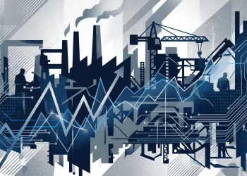Conceptual illustration of industrial manufacturing and financial data.