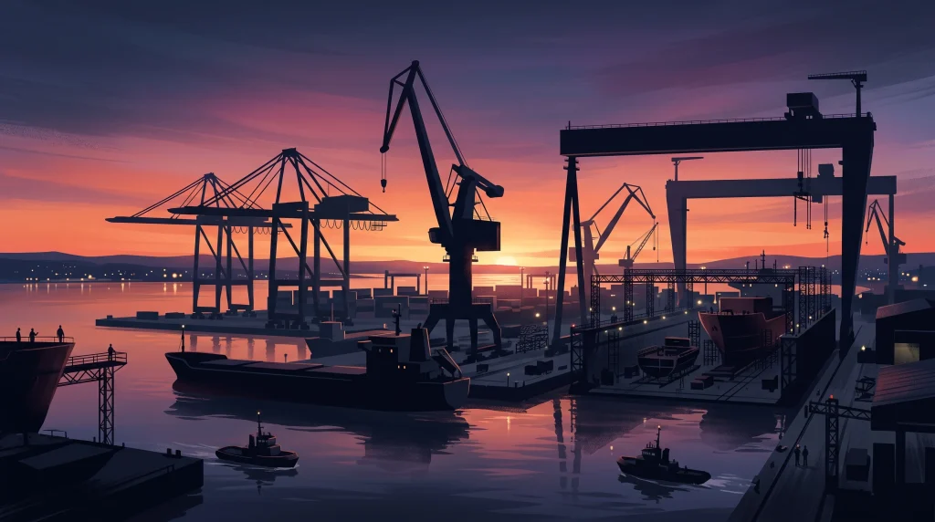 A conceptual illustration of a shipyard with large cranes.