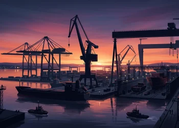 A conceptual illustration of a shipyard with large cranes.