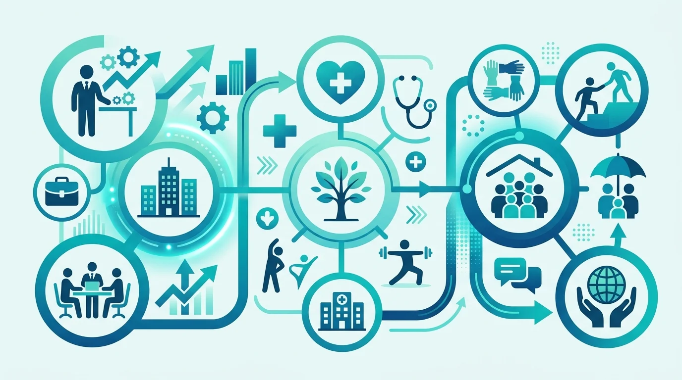 An abstract graphic showing connected icons for healthcare, jobs, and community support.