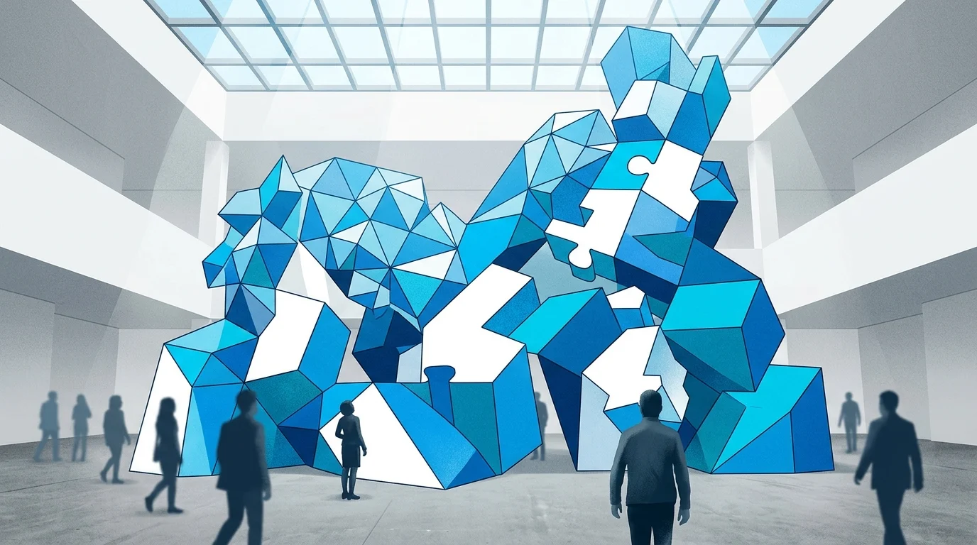 Abstract geometric shapes representing international cooperation.