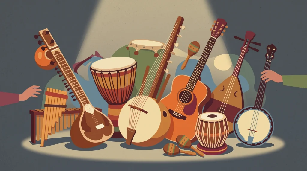 Conceptual illustration of international musical instruments.