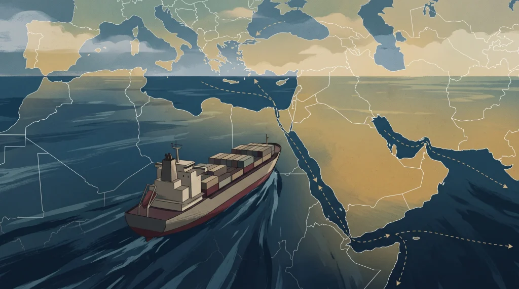 Conceptual illustration of international trade and maritime shipping.