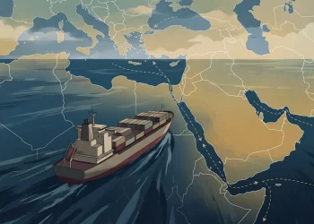 Conceptual illustration of international trade and maritime shipping.