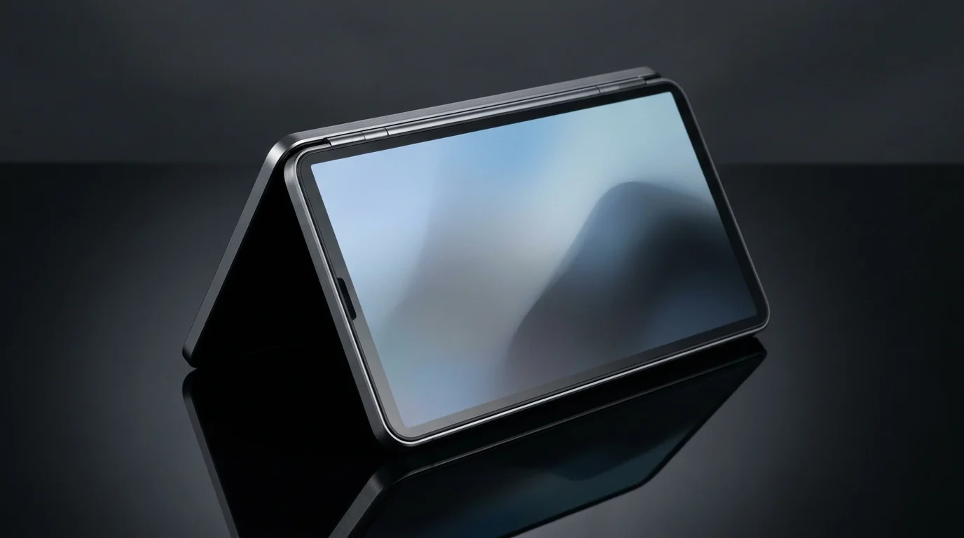 Minimalist conceptual rendering of a dual-screen folding smartphone.