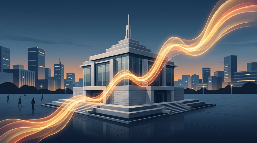Abstract graphic of a rising economic chart over a minimalist building silhouette.