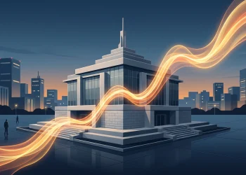 Abstract graphic of a rising economic chart over a minimalist building silhouette.