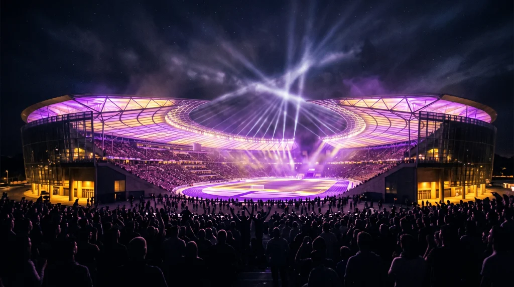 A wide shot of a brightly lit stadium at night with stage lights reflecting off a packed audience.