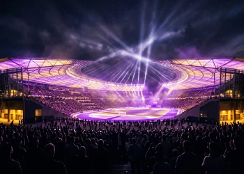 A wide shot of a brightly lit stadium at night with stage lights reflecting off a packed audience.