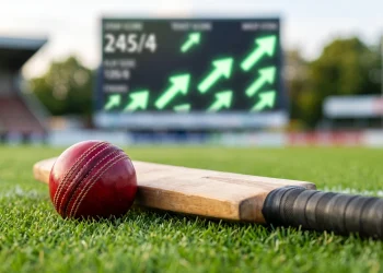 A cricket ball and bat on a professional grass pitch.