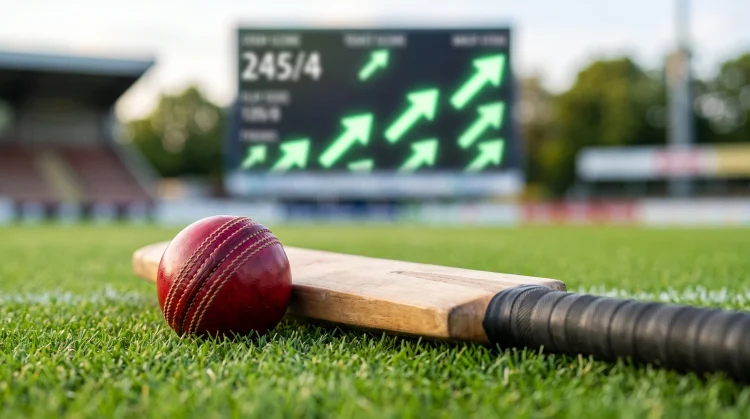 A cricket ball and bat on a professional grass pitch.