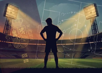 Conceptual illustration of a young player between transfer options