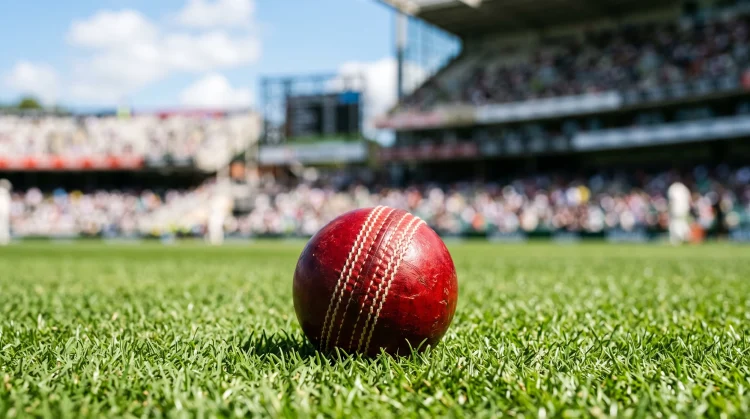 A cricket ball on the grass of a professional cricket ground.