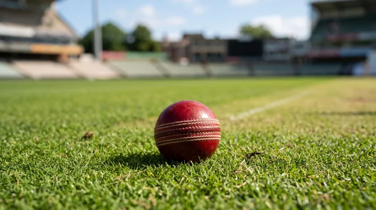A professional cricket ball on a grass pitch.