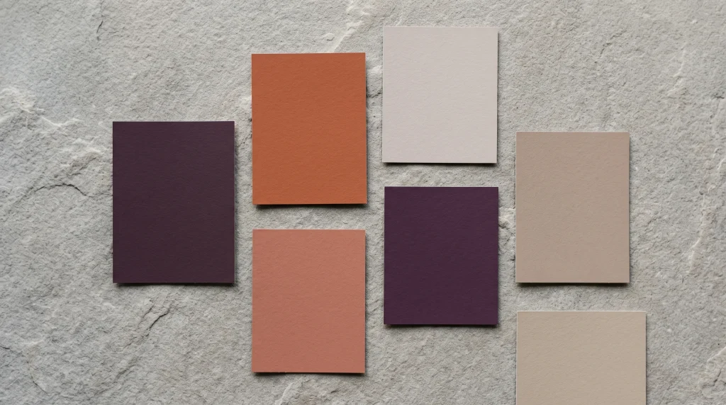 A selection of designer paint swatches in warm neutral and deep purple tones.