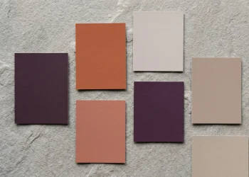 A selection of designer paint swatches in warm neutral and deep purple tones.