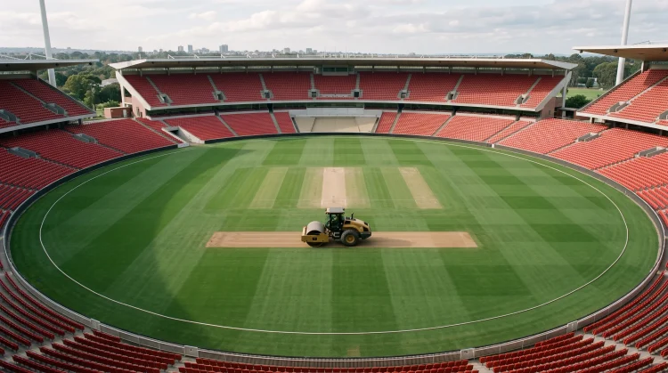 An empty cricket stadium with red seating and a mown pitch during a transition period.
