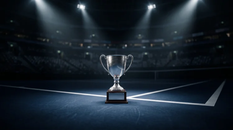 A silver tennis trophy stands on a blue hard court under bright arena lights.