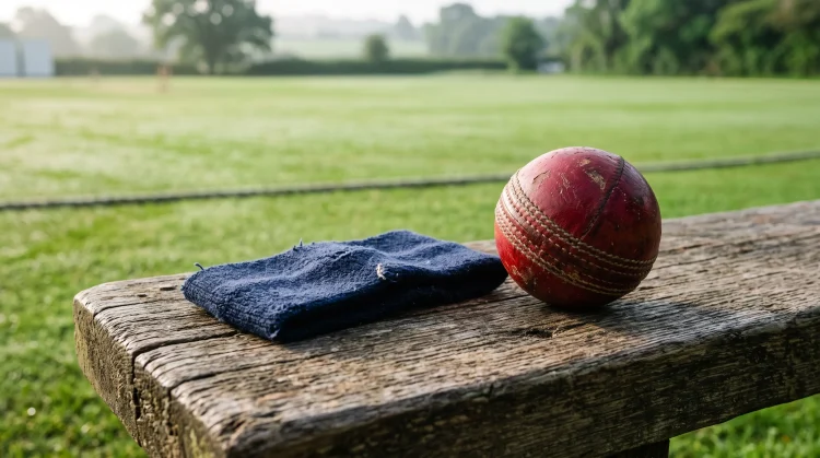 A captain's armband and a cricket ball on a wooden bench.