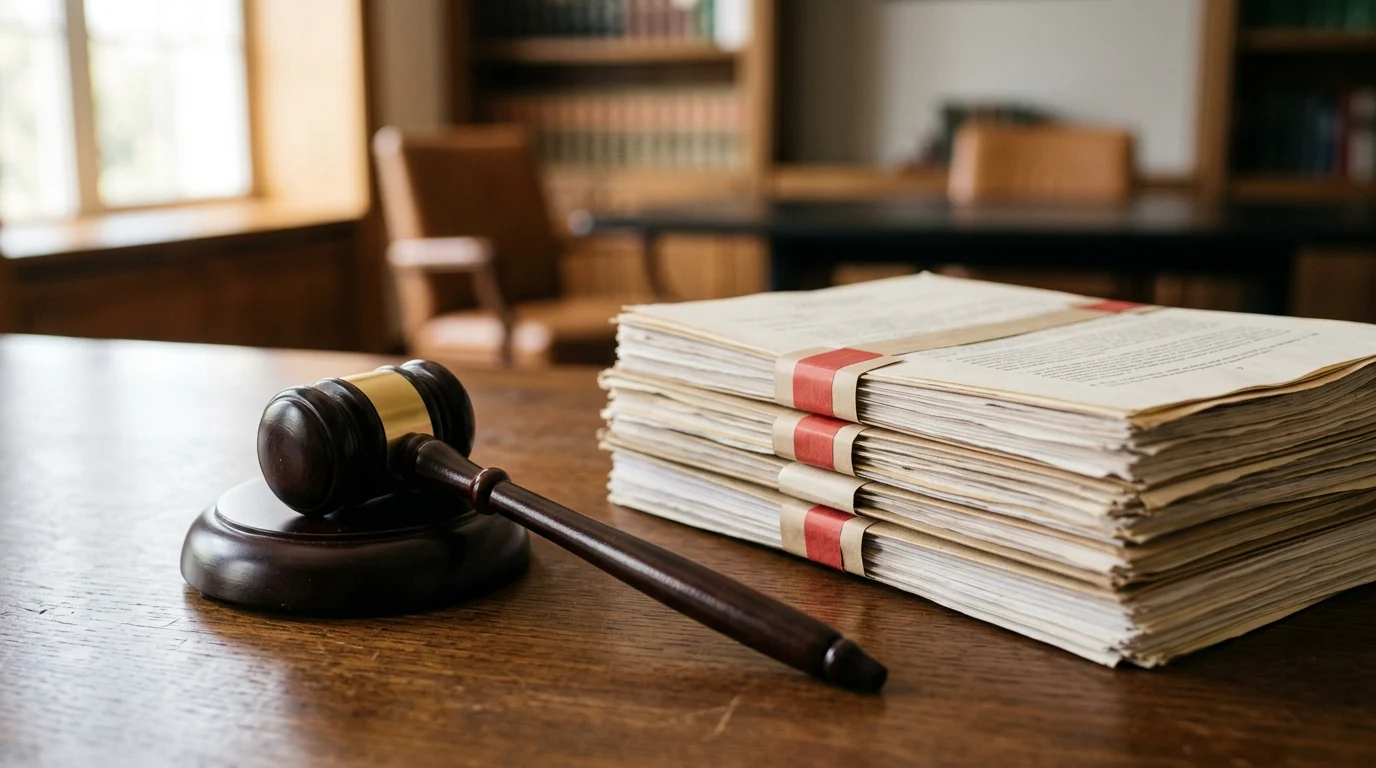 A conceptual image of a gavel and corporate documents representing legal compliance.