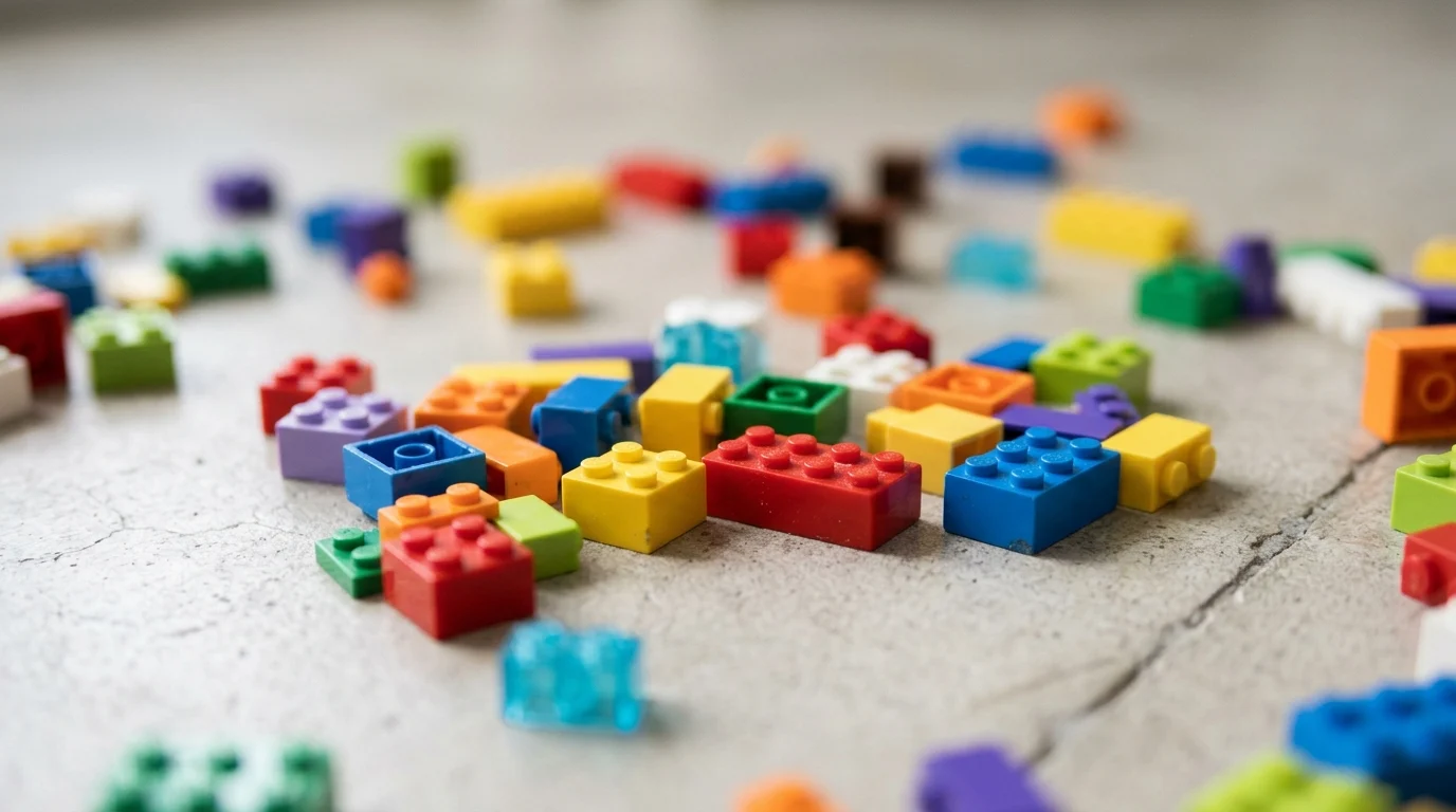 A trail of small colourful plastic building blocks.