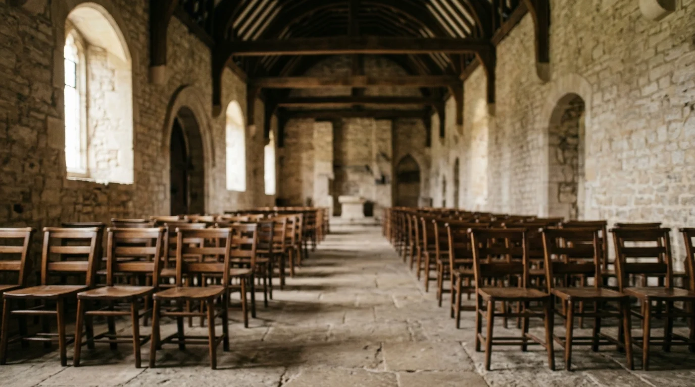 Blurred interior of a hall with wooden chairs.