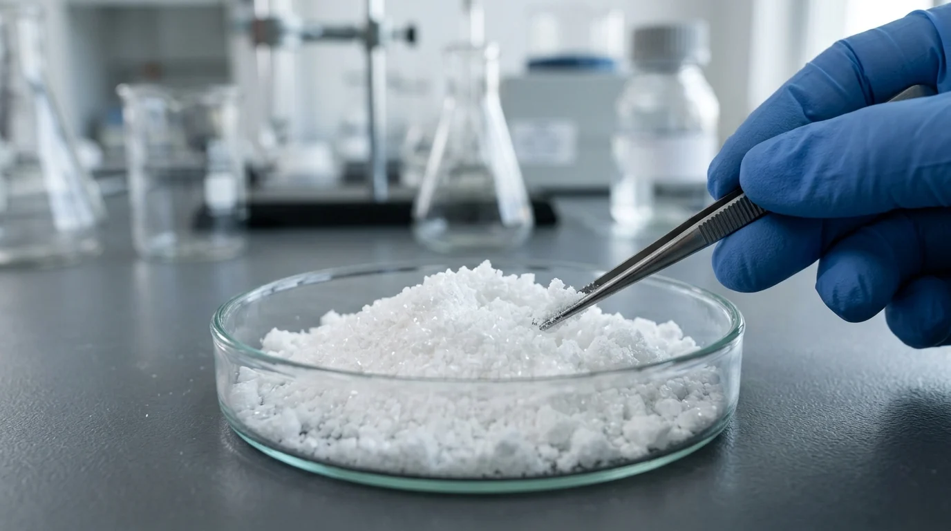 Close-up of technical-grade lithium carbonate crystals in a lab.