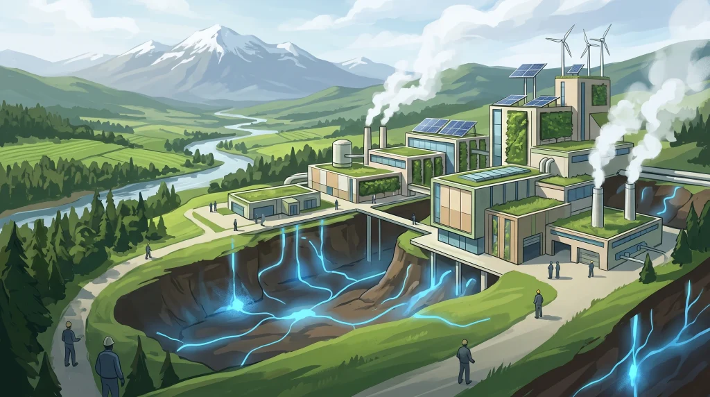 A conceptual illustration of a geothermal lithium extraction facility in a rural setting.