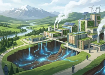 A conceptual illustration of a geothermal lithium extraction facility in a rural setting.