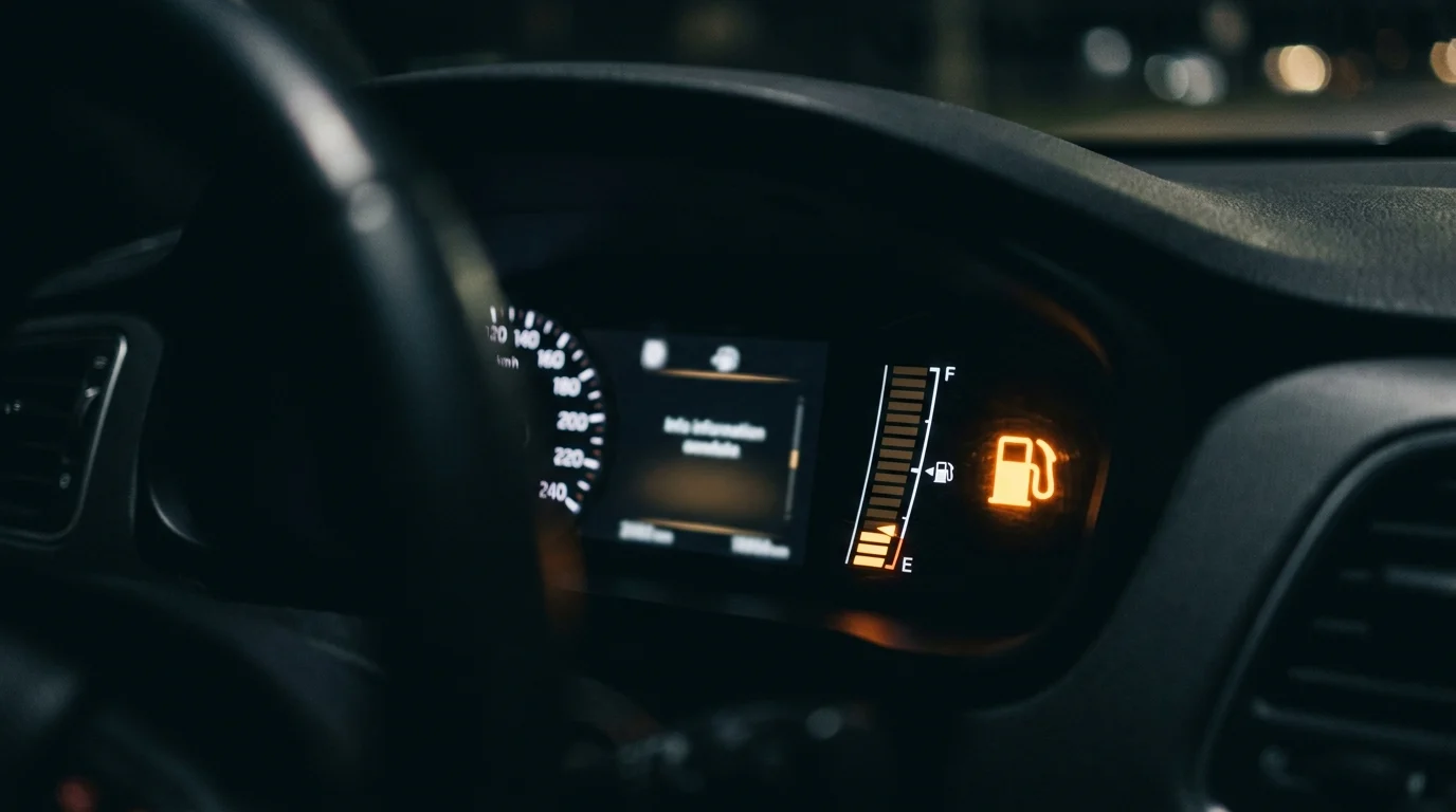 Digital car dashboard showing a low fuel warning light.
